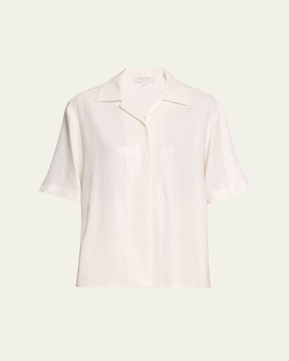 Sequined Short Sleeve Button Up Top